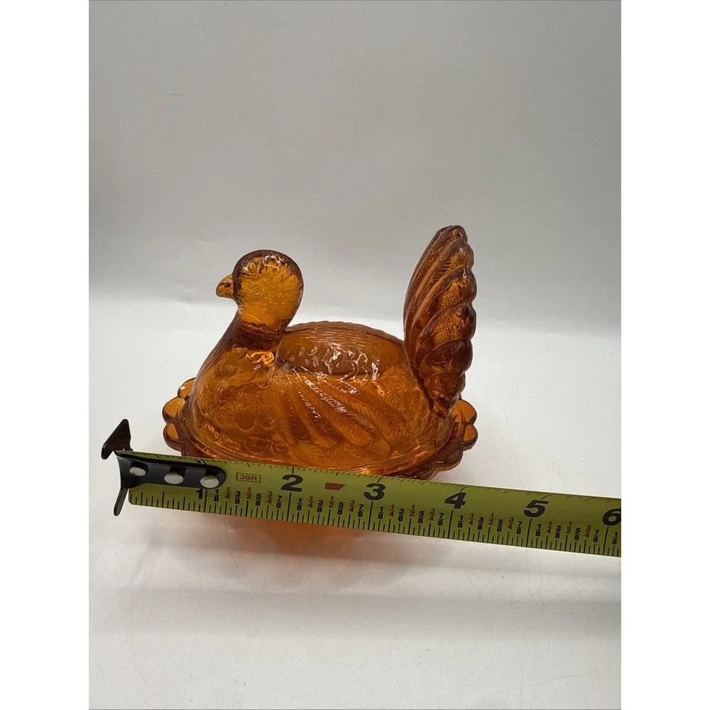 Vtg Indiana ND Amber Orange  Glass Small Turkey On A Nest Candy Dish 4.5